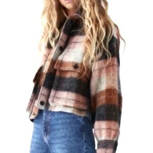 Zara Cropped Wool‎ Mohair Black/Tan Plaid Jacket Pockets Relaxed Fit Women's M